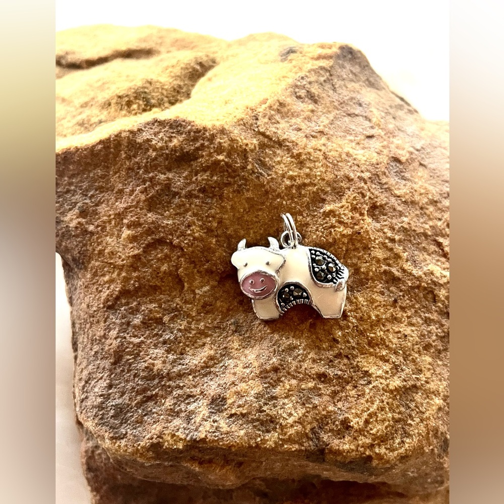 Sterling Silver 925 and enamel cow charm for Jewelry making, vintage